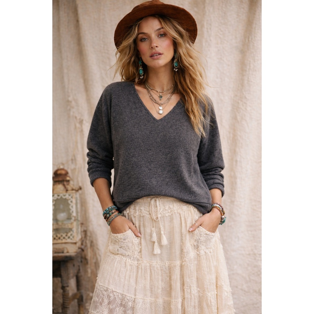 Nomadic Traders Lambswool Blend V-Neck Sweater Womens XL Gray 3/4 Sleeve‎